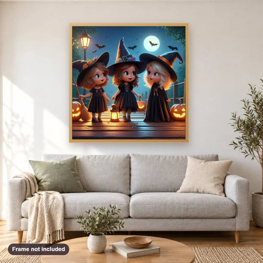Halloween Witches diamond painting shown framed on a living room wall above a sofa