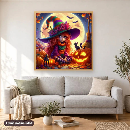 Halloween's Witch diamond painting shown framed on a living room wall above a sofa