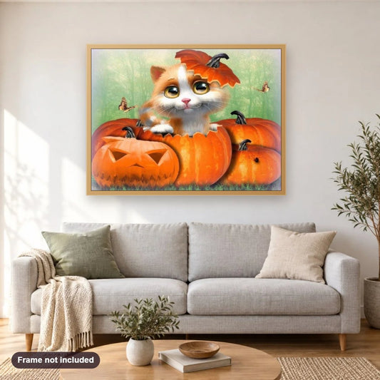 Happy Cat on Halloween diamond painting shown framed on a living room wall above a sofa