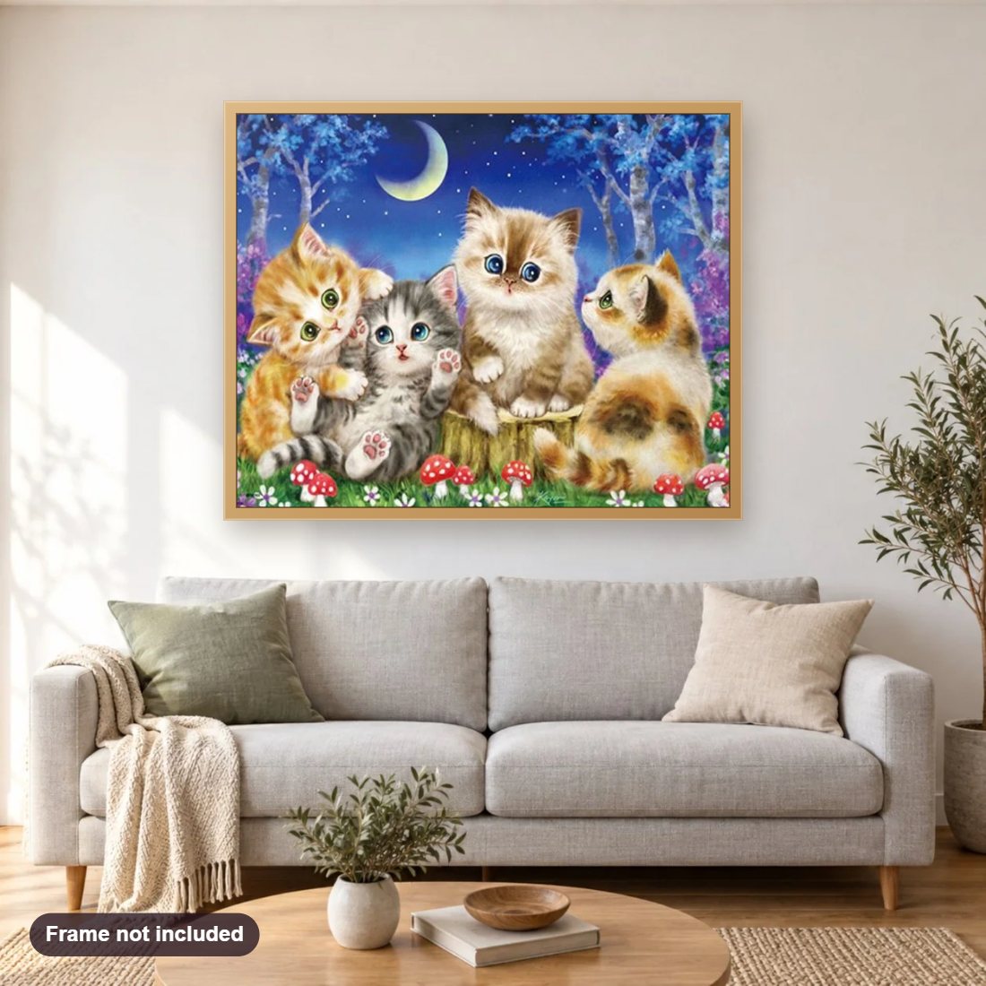 Happy Cats diamond painting shown framed on a living room wall above a sofa