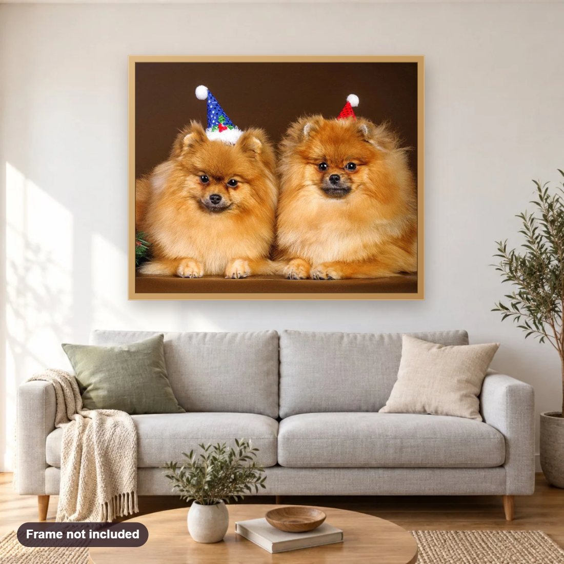 Happy Dogs on Christmas diamond painting shown framed on a living room wall above a sofa