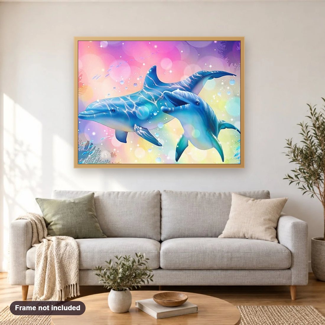 Happy Dolphins Pair diamond painting shown framed on a living room wall above a sofa