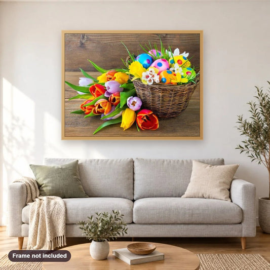 Happy Easter diamond painting shown framed on a living room wall above a sofa