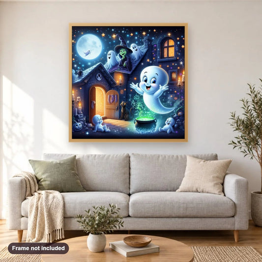 Happy Halloween diamond painting shown framed on a living room wall above a sofa
