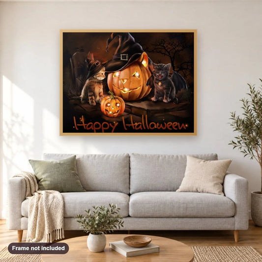 Happy Halloween diamond painting shown framed on a living room wall above a sofa