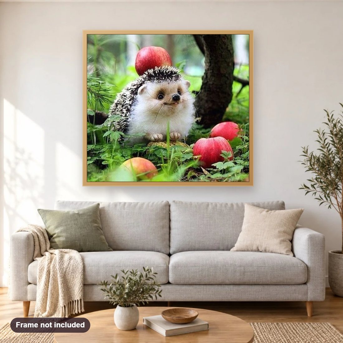 Happy Hedgehog diamond painting shown framed on a living room wall above a sofa
