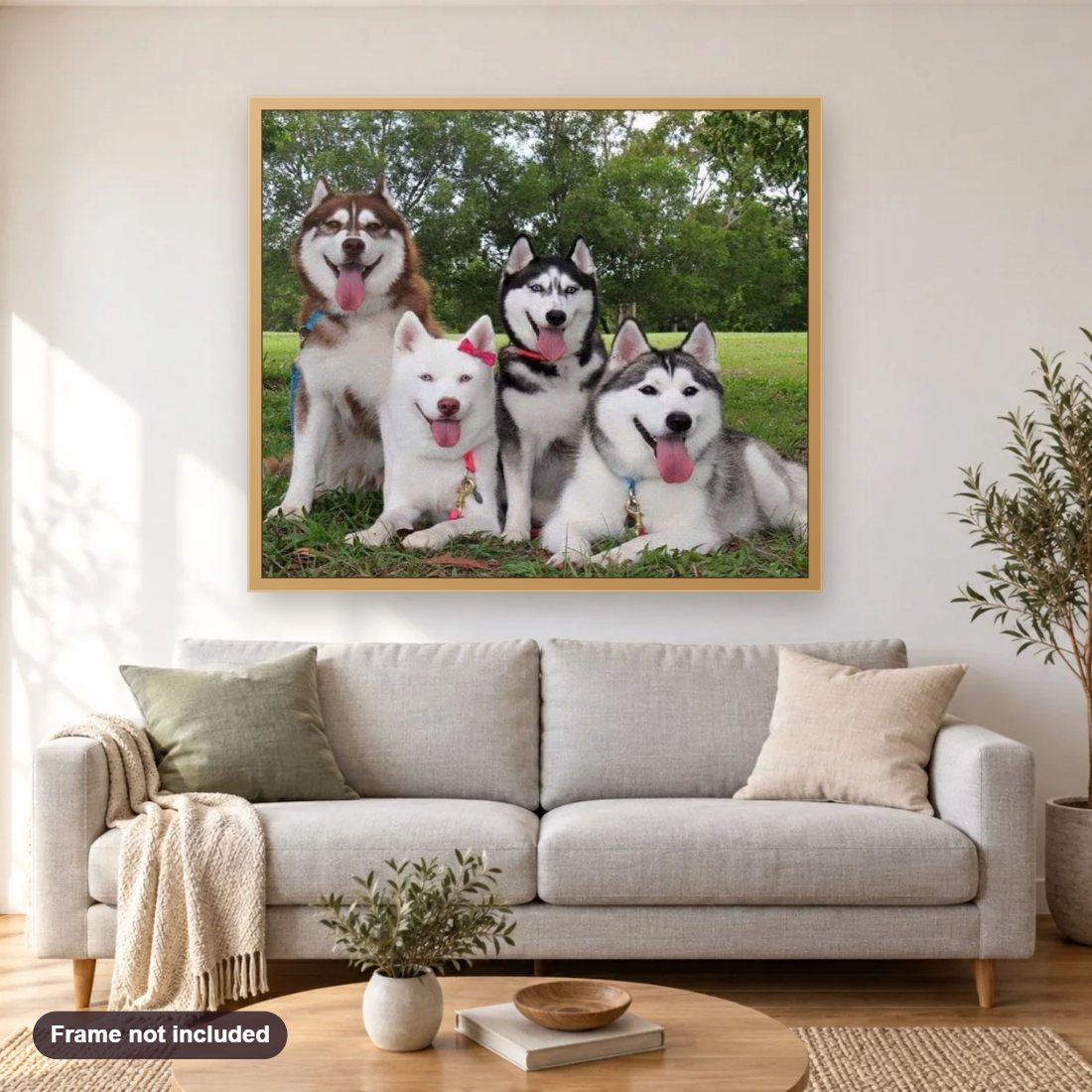 Happy Huskies with Tongues Out diamond painting shown framed on a living room wall above a sofa