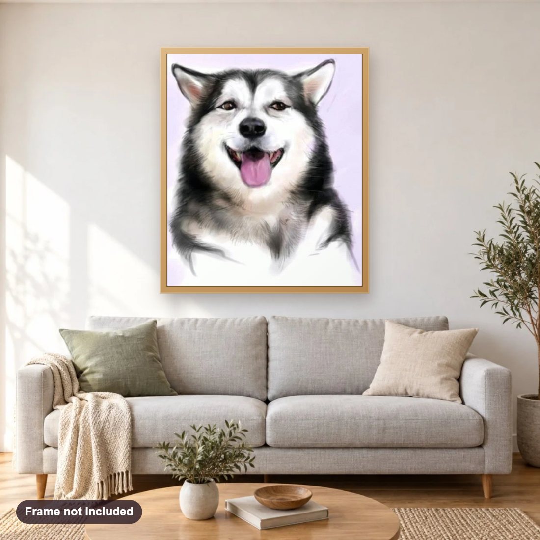 Happy Husky diamond painting shown framed on a living room wall above a sofa