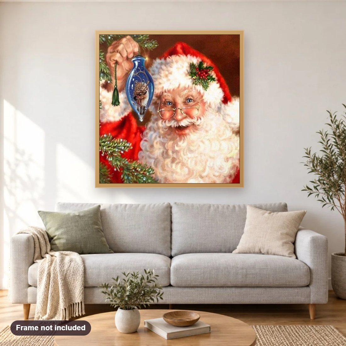 Happy Santa Claus diamond painting shown framed on a living room wall above a sofa