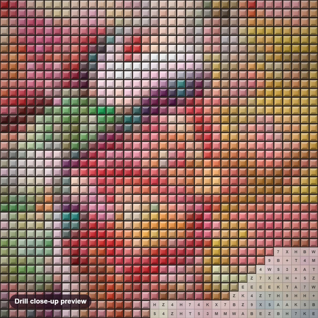 Close-up preview of the Haruyo Morita diamond painting with square 5D drills and printed canvas symbols