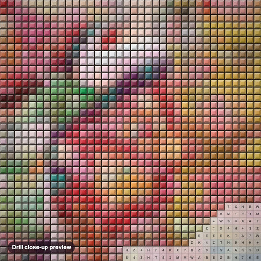 Close-up preview of the Haruyo Morita diamond painting with square 5D drills and printed canvas symbols