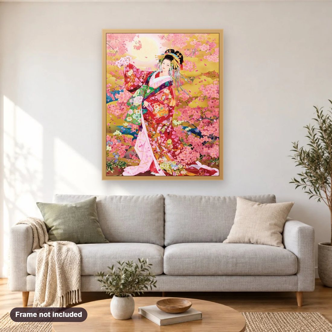 Haruyo Morita diamond painting shown framed on a living room wall above a sofa