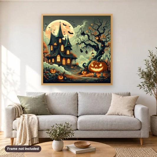 Haunted Halloween Mansion diamond painting shown framed on a living room wall above a sofa