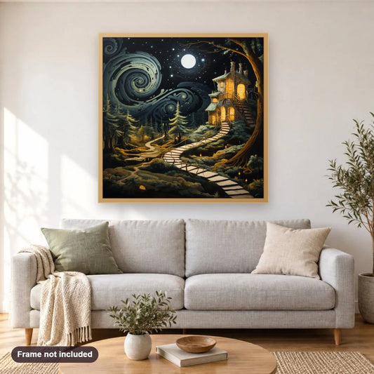 Haunted House on Halloween Night diamond painting shown framed on a living room wall above a sofa