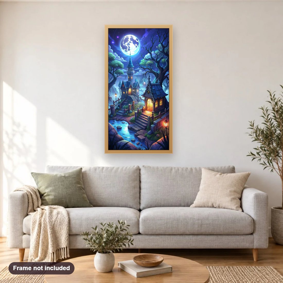 Haunted Houses with Full Moon diamond painting shown framed on a living room wall above a sofa