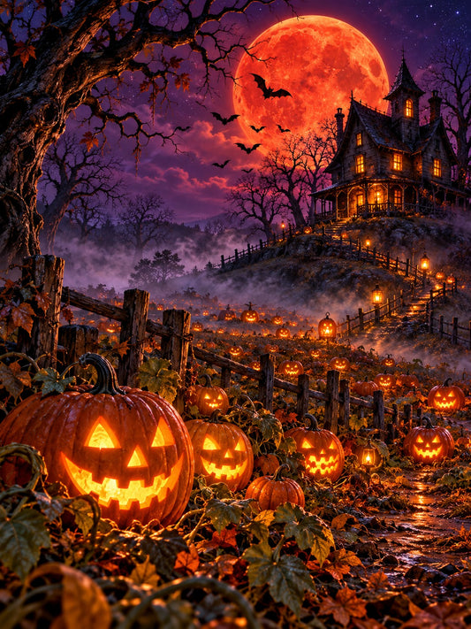 Haunted pumpkin patch under a blood moon, Halloween diamond painting kit by All Diamond Painting