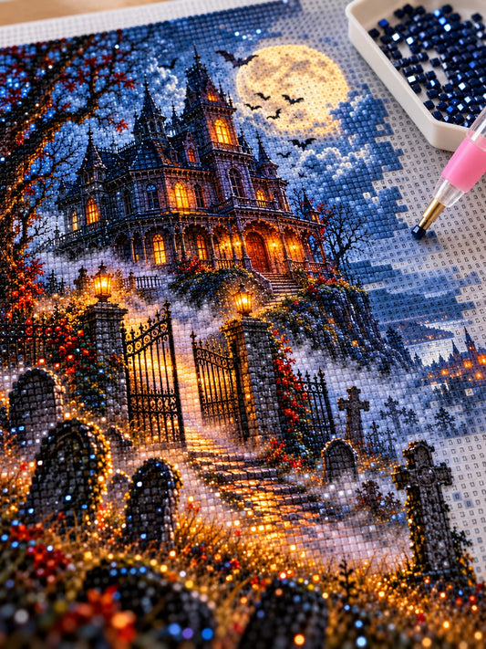 Close-up of the haunted Victorian mansion on a foggy hill at midnight diamond painting in progress, square resin drills, wax pen and drill tray
