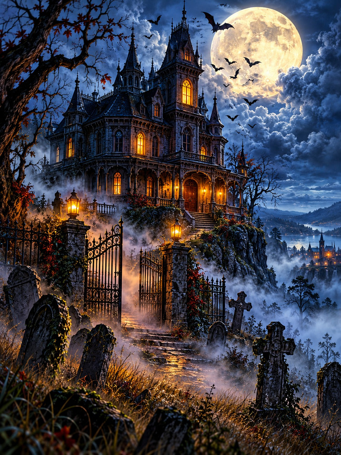 Haunted Victorian mansion on a foggy hill at midnight, Halloween diamond painting kit by All Diamond Painting