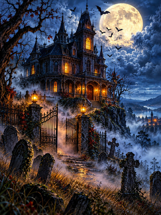 Haunted Victorian mansion on a foggy hill at midnight, Halloween diamond painting kit by All Diamond Painting