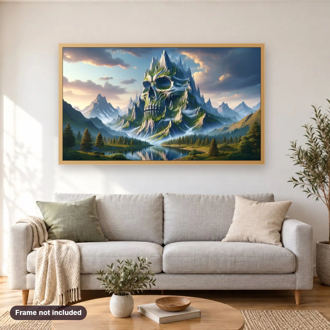 Haunting Beauty of Skull Island's Mountains diamond painting shown framed on a living room wall above a sofa