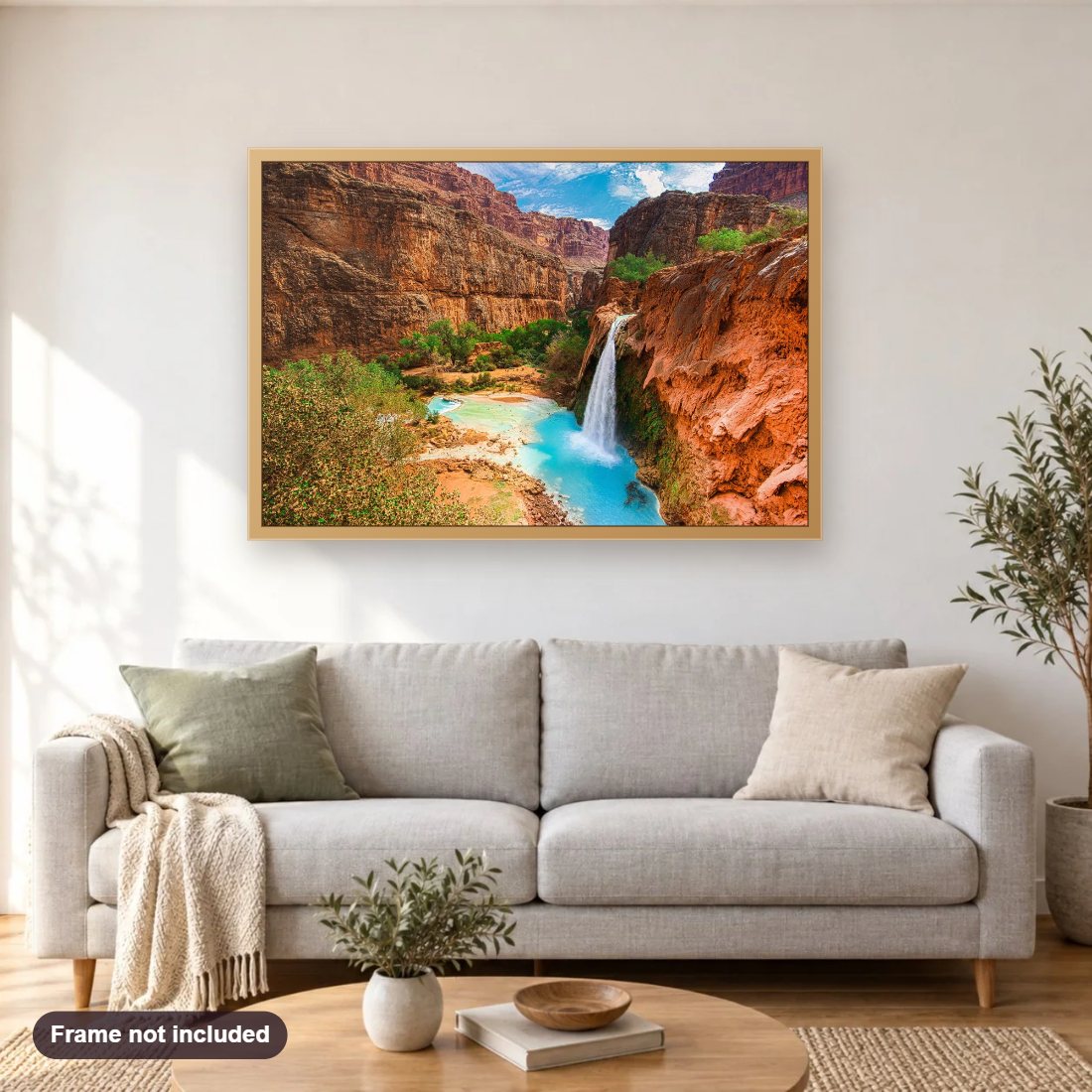 Havasu Falls diamond painting shown framed on a living room wall above a sofa