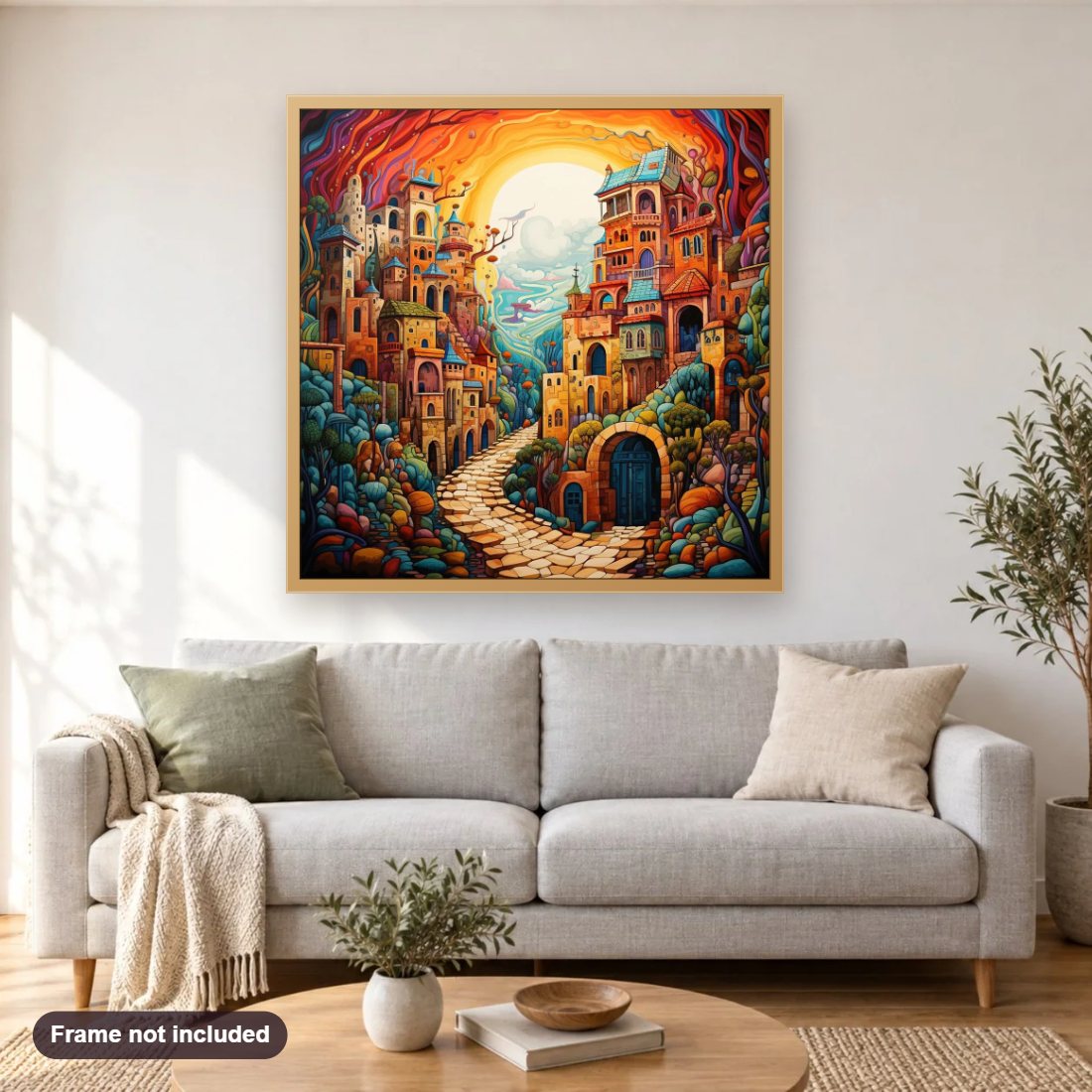 Heaven on the Earth diamond painting shown framed on a living room wall above a sofa
