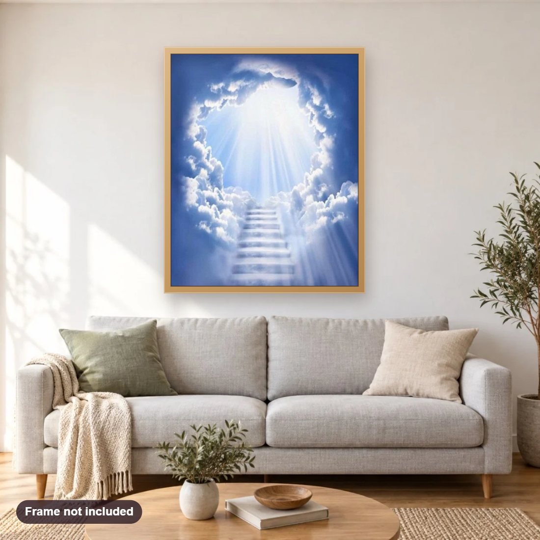 Heaven's Gate diamond painting shown framed on a living room wall above a sofa