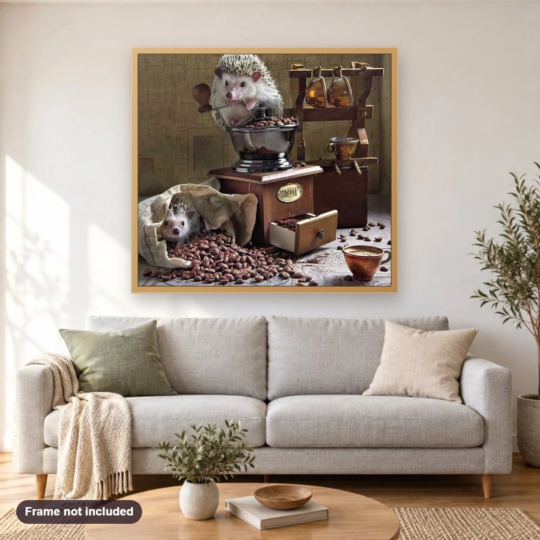 Hedgehog diamond painting shown framed on a living room wall above a sofa