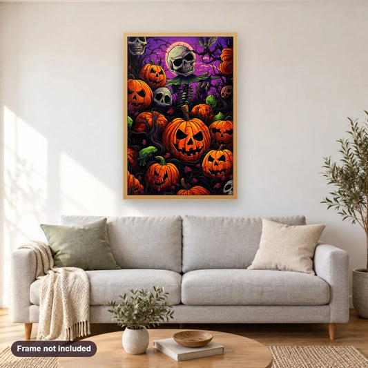 Here Comes Halloween Night diamond painting shown framed on a living room wall above a sofa