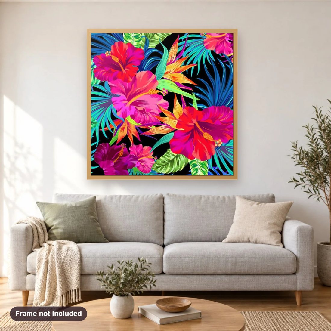 Hibiscus Flowers diamond painting shown framed on a living room wall above a sofa