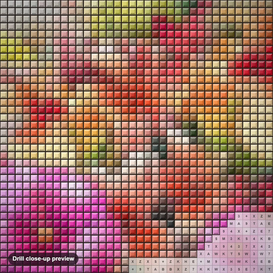 Close-up preview of the Hibiscus Rose Mellows diamond painting with square 5D drills and printed canvas symbols