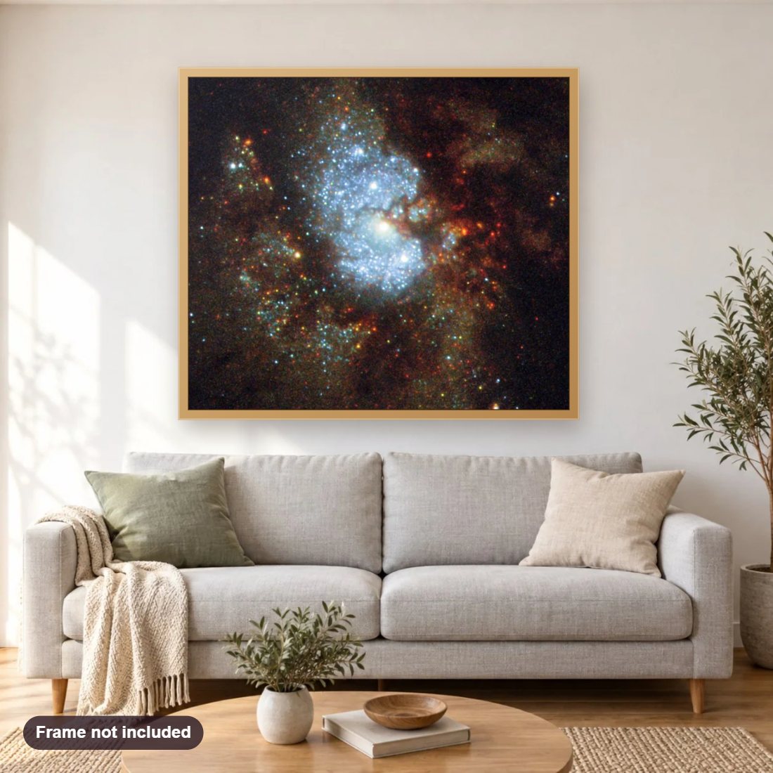 Hidden Galaxy diamond painting shown framed on a living room wall above a sofa