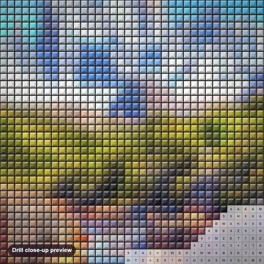 Close-up preview of the High Mountains diamond painting with square 5D drills and printed canvas symbols