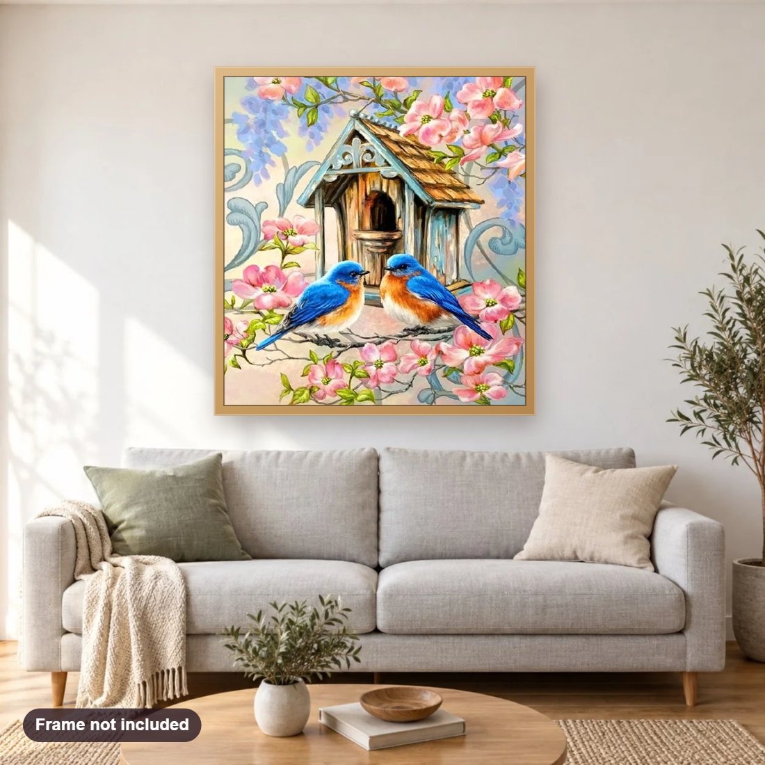 Home Sweet Home diamond painting shown framed on a living room wall above a sofa