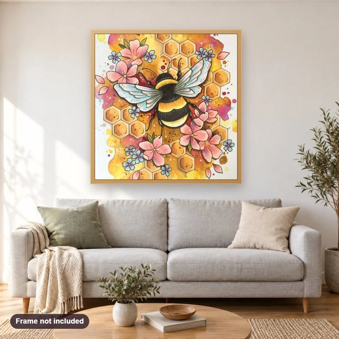 Honey Bee & Flowers diamond painting shown framed on a living room wall above a sofa