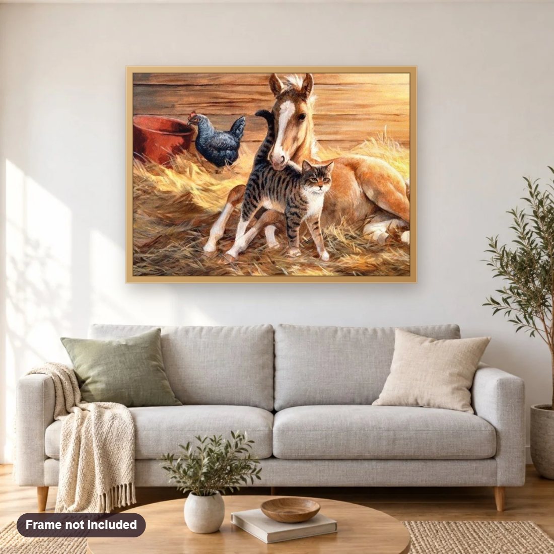 Horse, Cat & Chicken diamond painting shown framed on a living room wall above a sofa