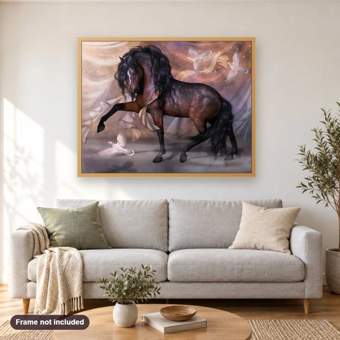Horse & Pigeons diamond painting shown framed on a living room wall above a sofa