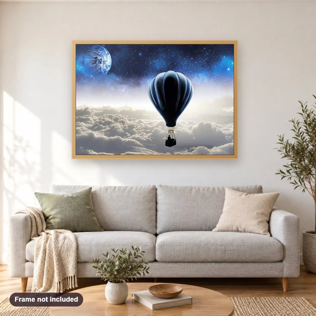 Hot Air Balloon Flying Above the Clouds diamond painting shown framed on a living room wall above a sofa
