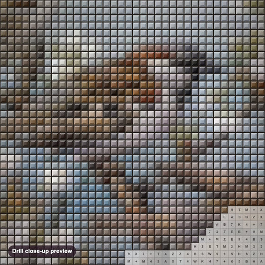 Close-up preview of the House Sparrows diamond painting with square 5D drills and printed canvas symbols