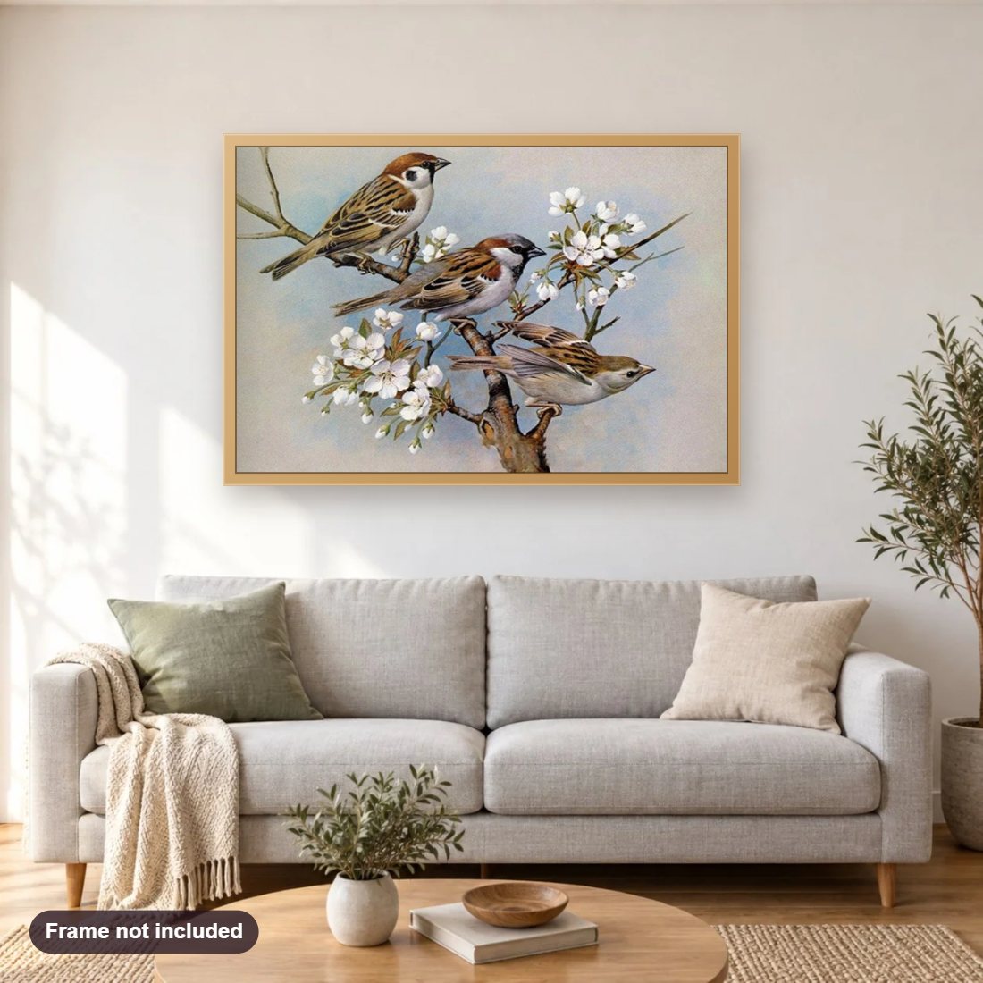 House Sparrows diamond painting shown framed on a living room wall above a sofa
