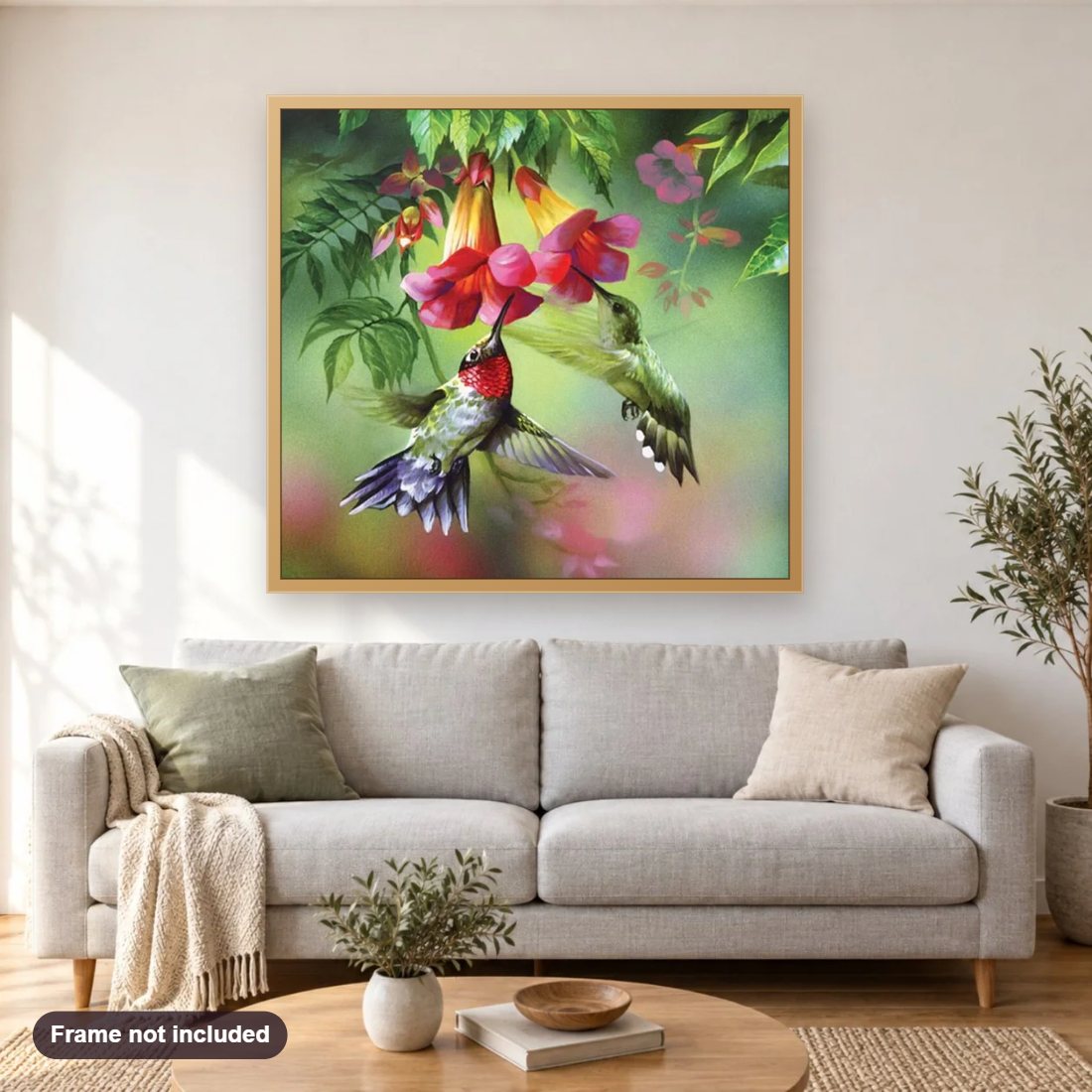 Humming Birds Drinking Flower Nectar diamond painting shown framed on a living room wall above a sofa