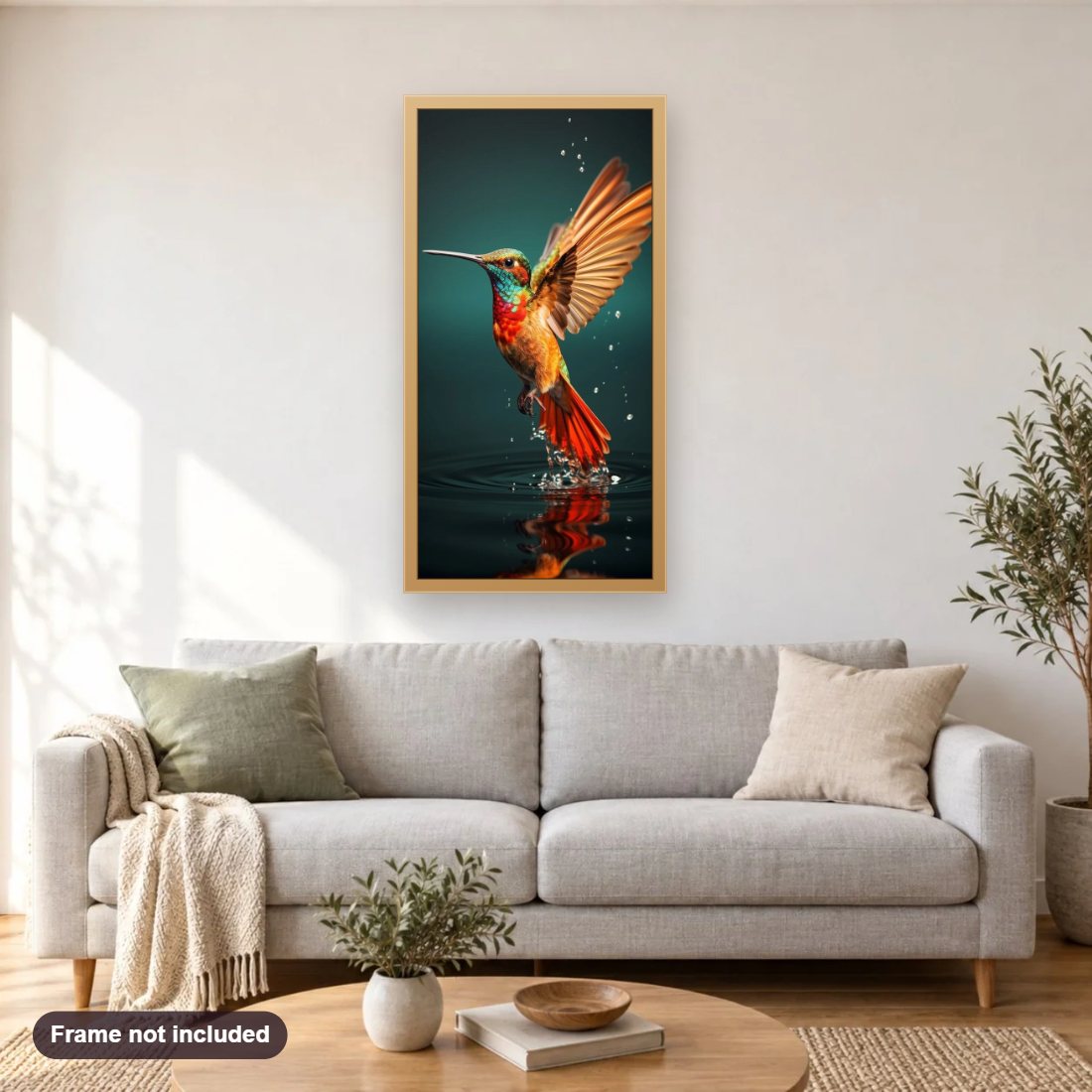 Hummingbird_s Fluttering Dance on the Water diamond painting shown framed on a living room wall above a sofa