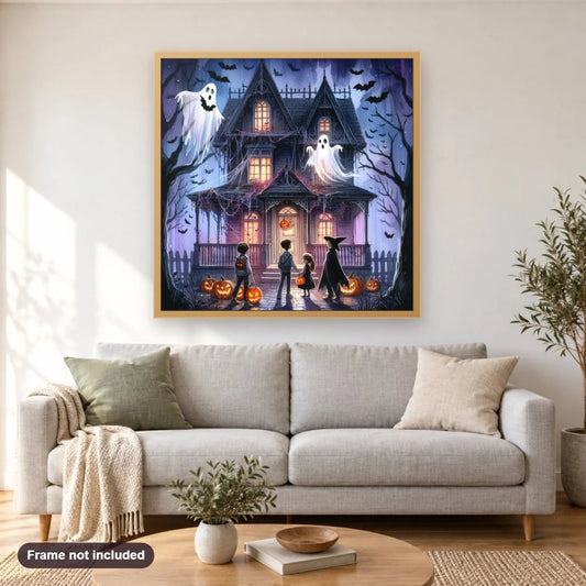 Hunted House diamond painting shown framed on a living room wall above a sofa