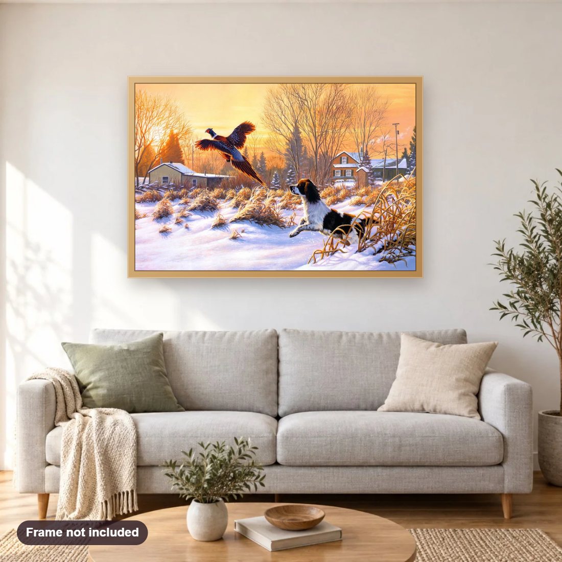 Hunting Dog diamond painting shown framed on a living room wall above a sofa