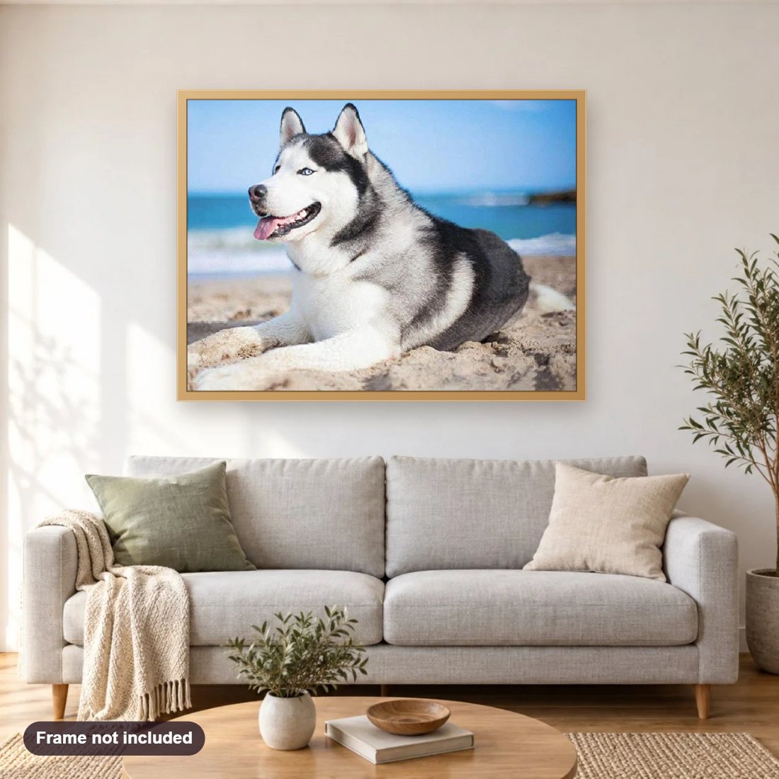 Husky at Beach diamond painting shown framed on a living room wall above a sofa