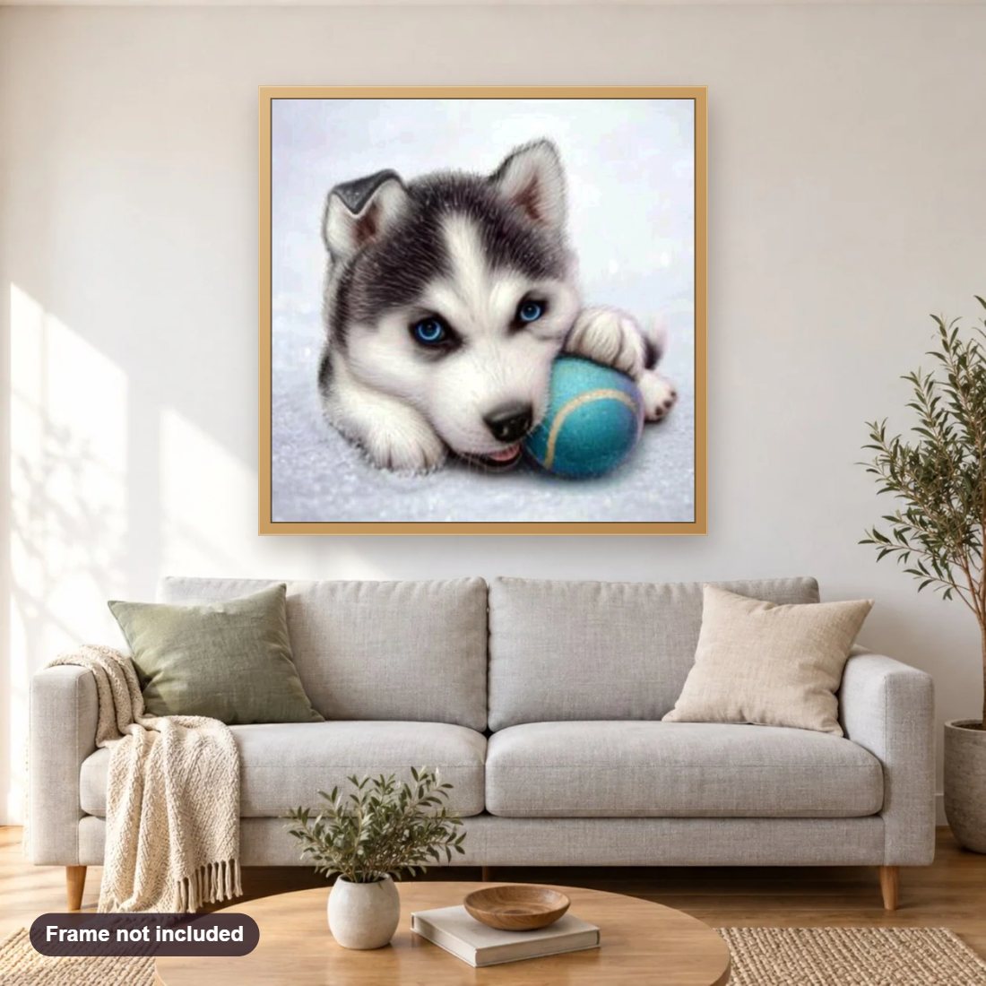Husky Puppy diamond painting shown framed on a living room wall above a sofa