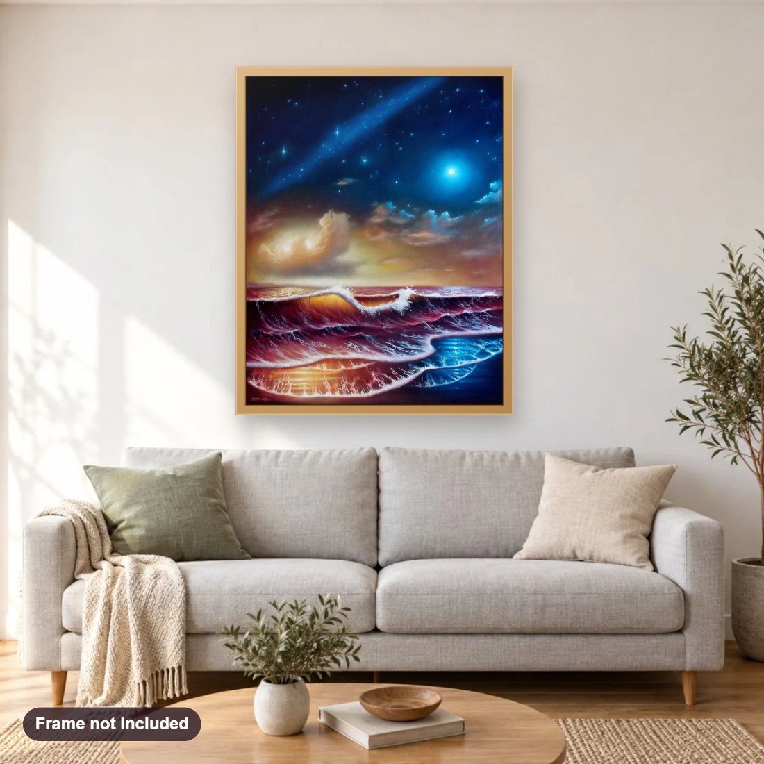 Hyperions Children diamond painting shown framed on a living room wall above a sofa
