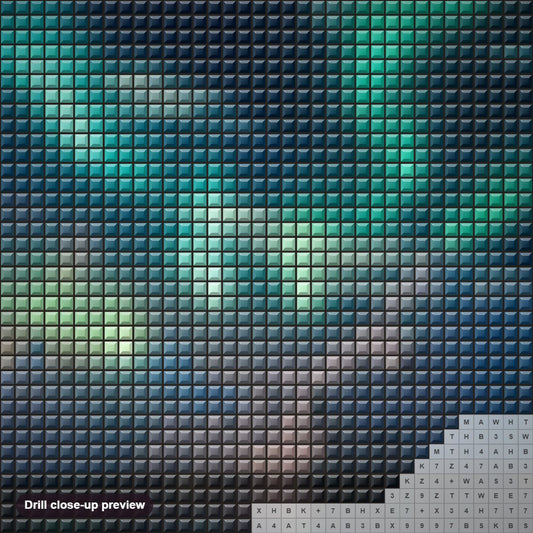 Close-up preview of the Ice Bergs & Northern Lights diamond painting with square 5D drills and printed canvas symbols