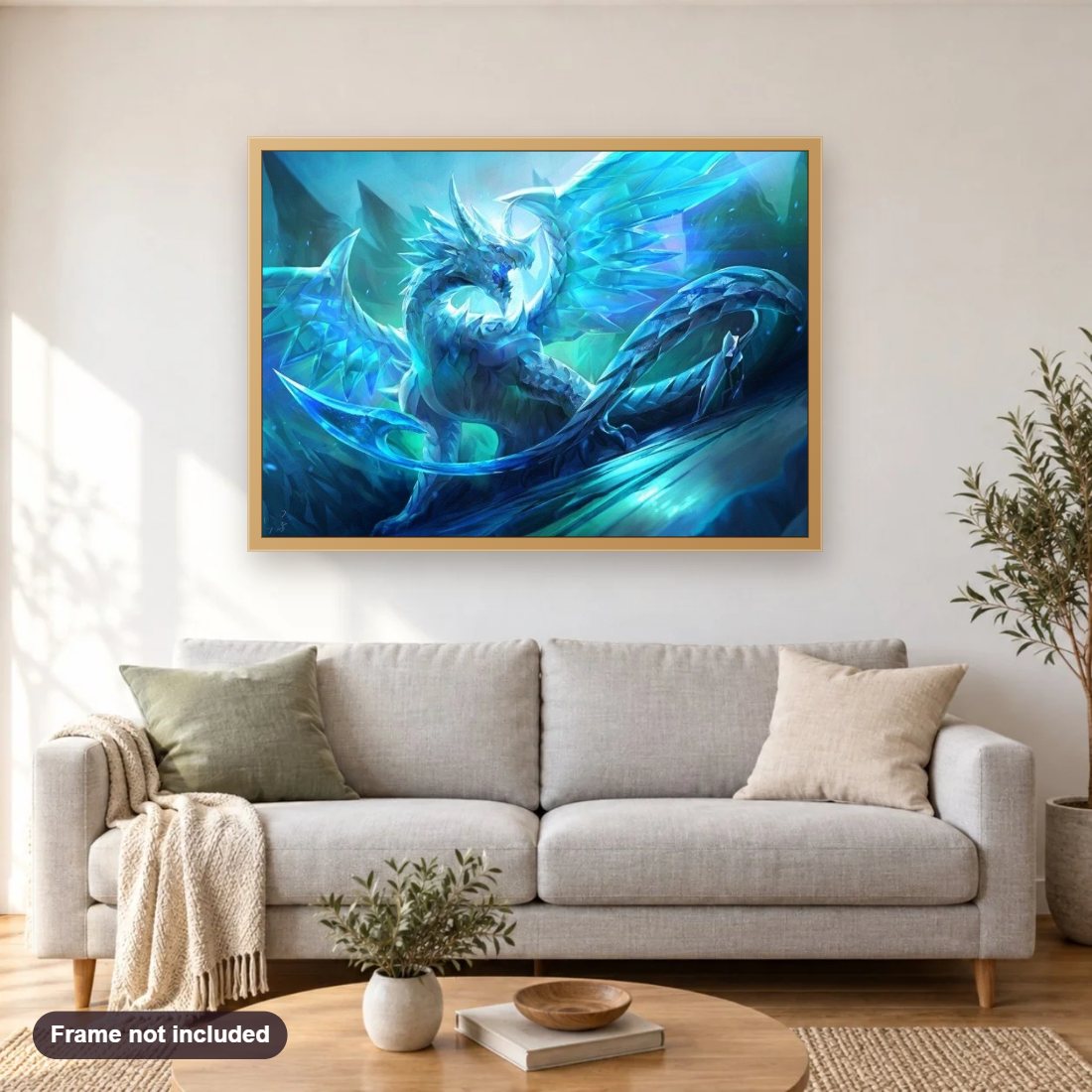Ice Crystal dragon diamond painting shown framed on a living room wall above a sofa