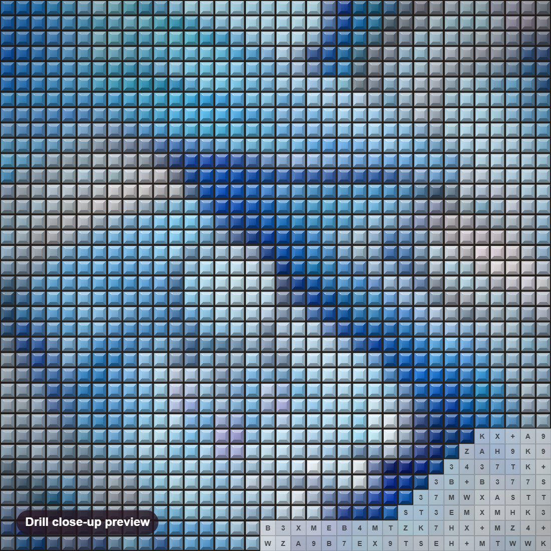 Close-up preview of the Ice Dragon diamond painting with square 5D drills and printed canvas symbols